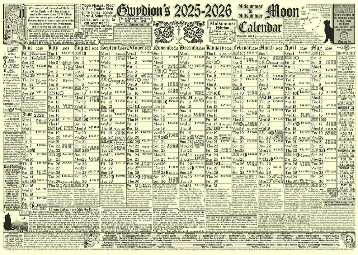 Gwydion’s 2025-2026 Moon Calendar MIDSUMMER EDITION - A3 Poster