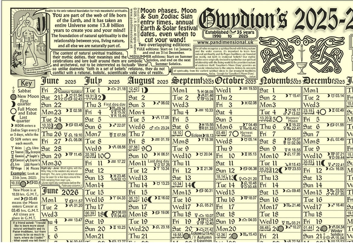 Gwydion’s 2025-2026 Moon Calendar MIDSUMMER EDITION - A3 Poster