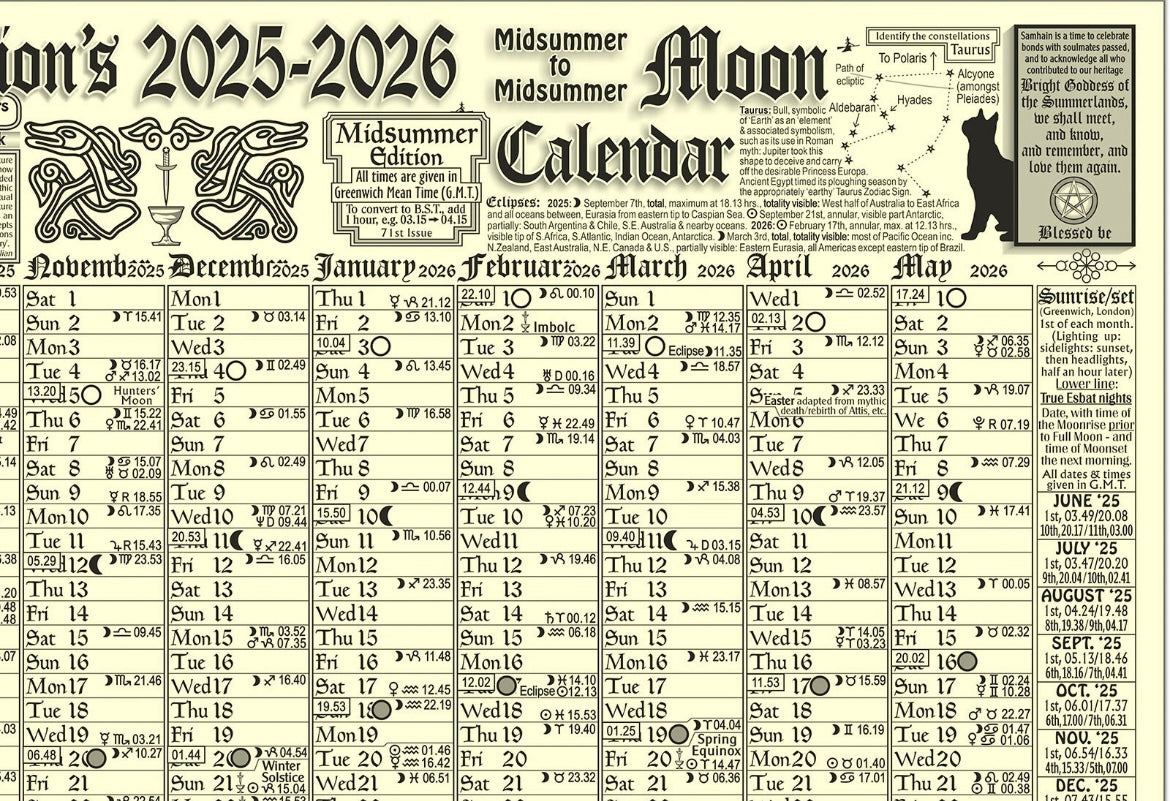 Gwydion’s 2025-2026 Moon Calendar MIDSUMMER EDITION - A3 Poster