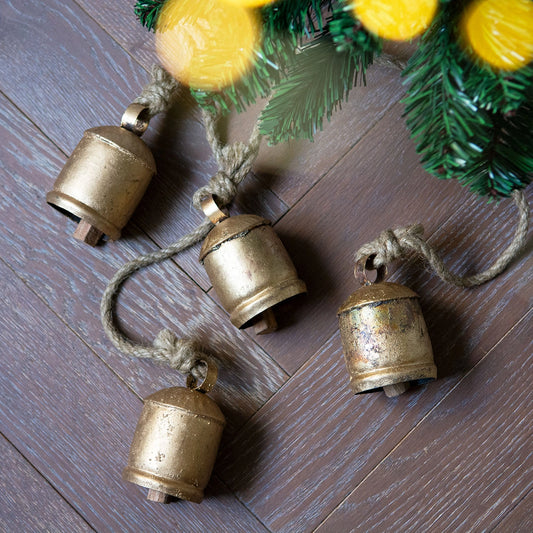 Four Large Vintage Bells On Rustic Rope