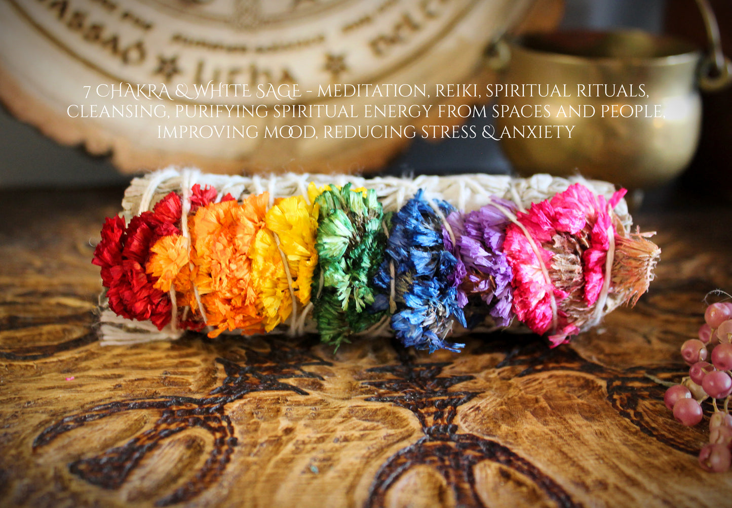 7 Chakra White Sage Smudge Stick - Sinuata Flower, Energy Cleansing