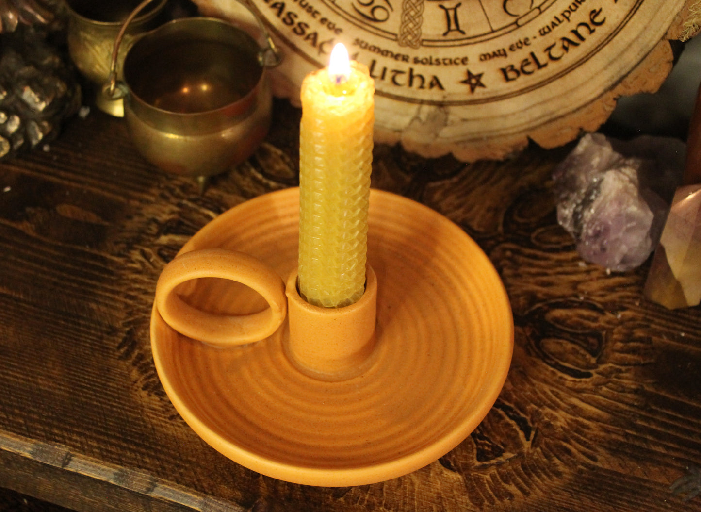 Ceramic Single Candle Holder with Handle - Terracotta Finish