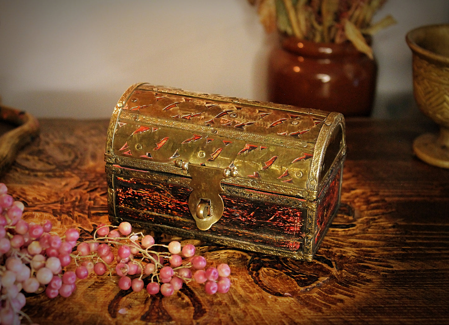 Vintage Mini Brass and Wooden Chest