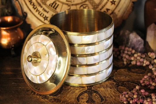 Brass & Mother of Pearl Jewellery Pot