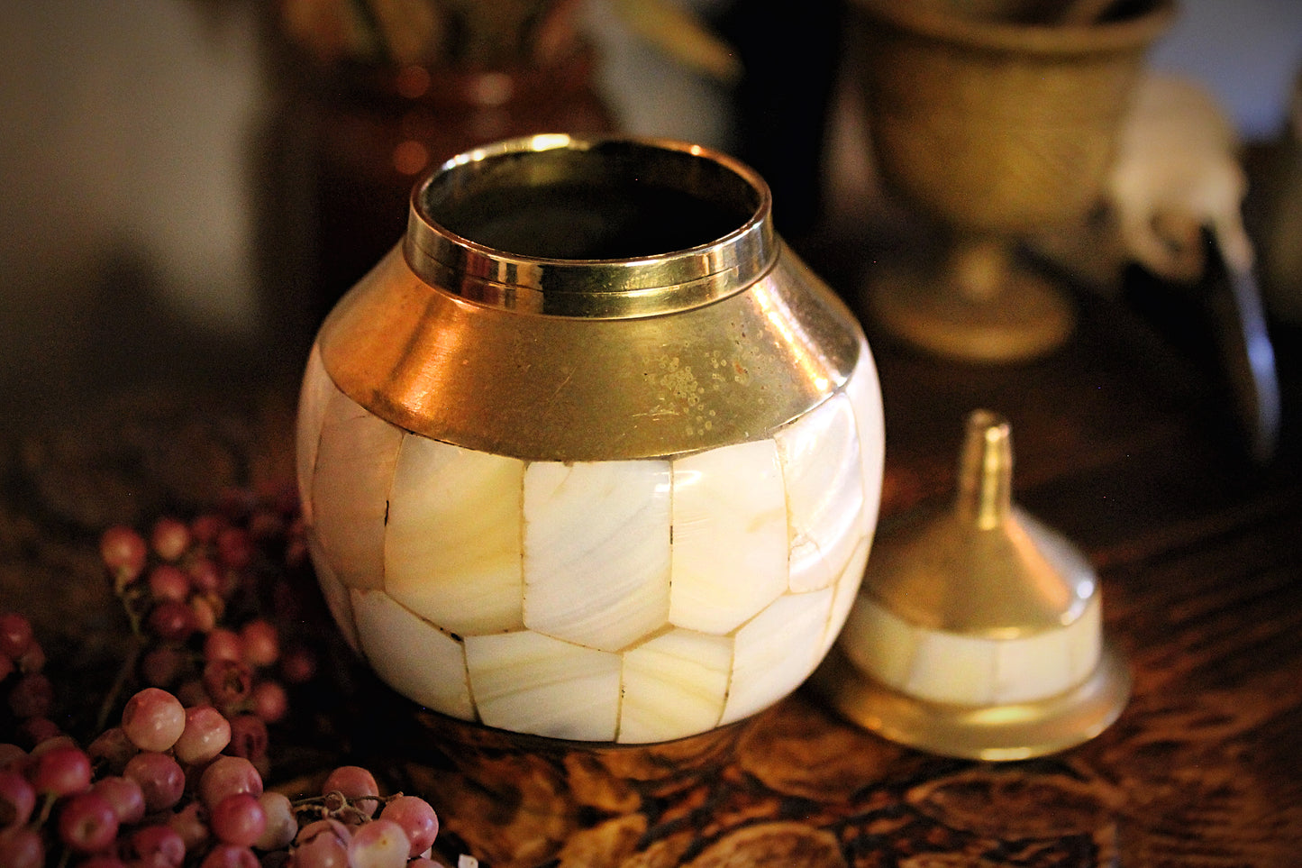 Decorative Brass Mother of Pearl Indian Jar