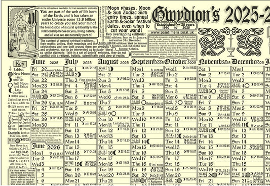 Gwydion’s 2025-2026 Moon Calendar MIDSUMMER EDITION - A3 Poster