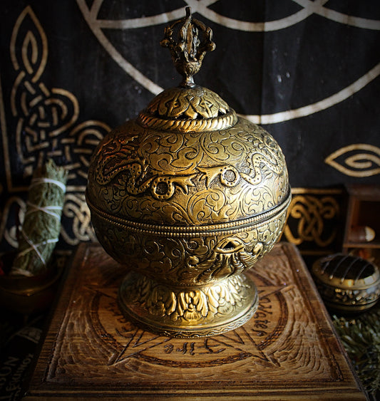 Ornate Brass Incense Burner Bowl with Lid