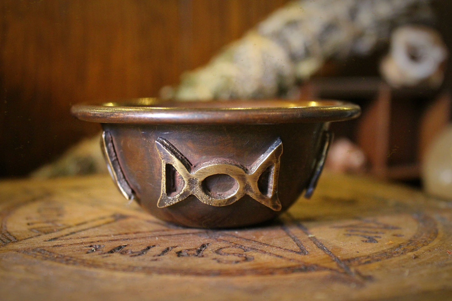 Antique Copper Ritual Bowl with Triple Moon