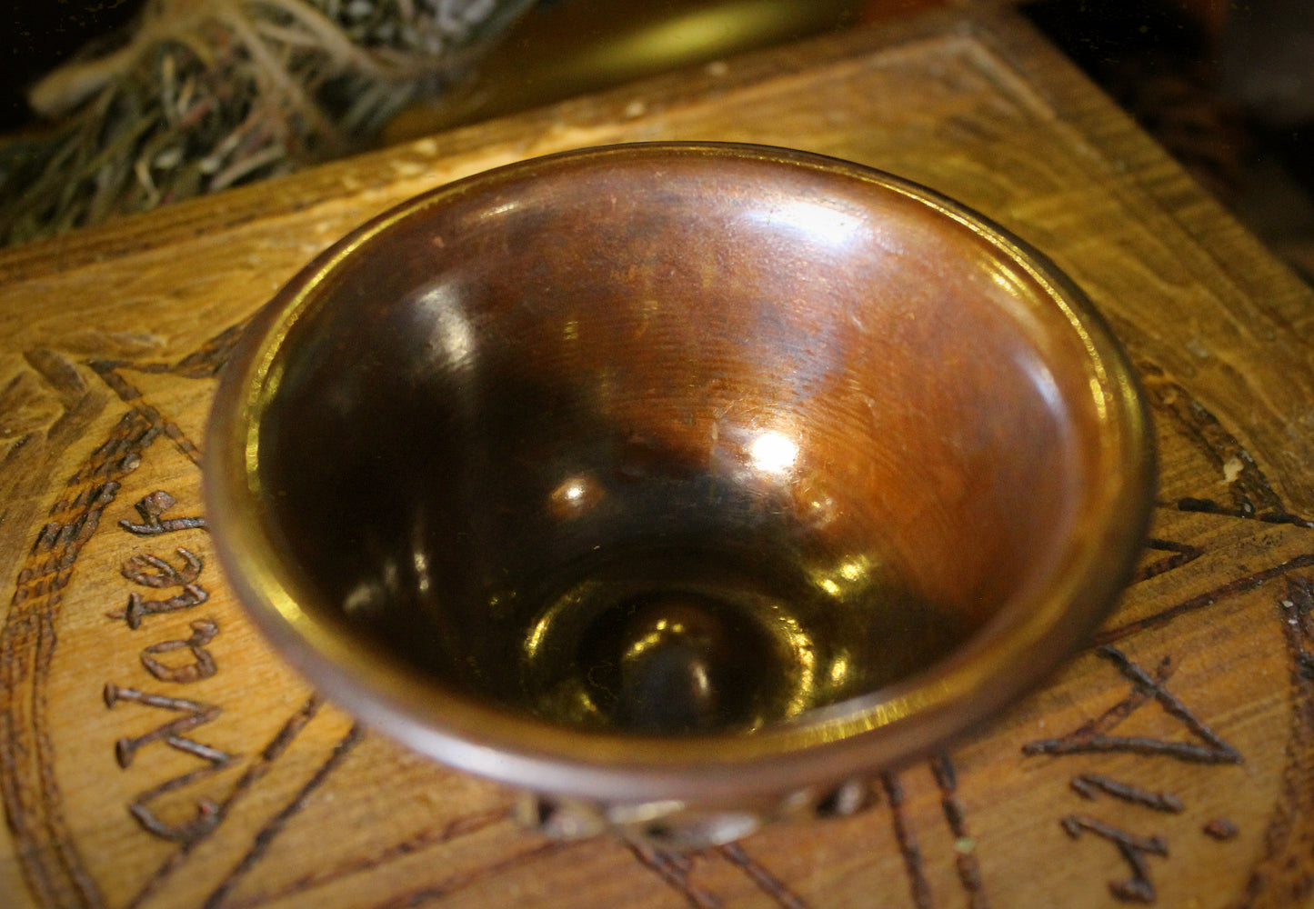 Antique Copper Ritual Bowl with Triple Moon