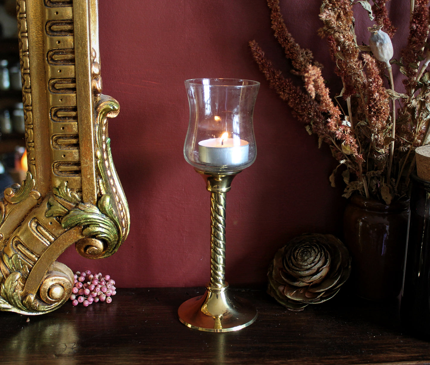 Brass Hurricane Candle Holder with Glass Chimney
