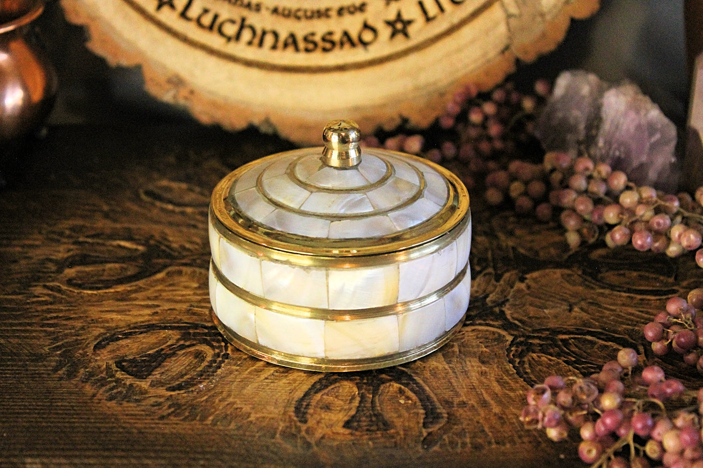 Small Brass & Mother of Pearl Jewellery Pot