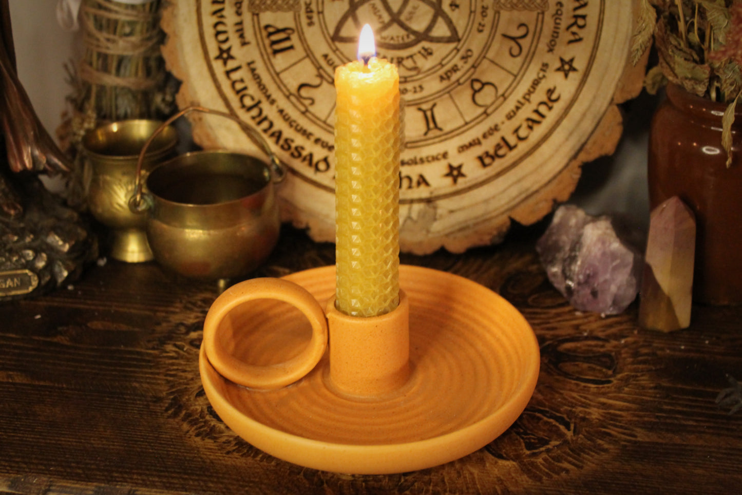 Ceramic Single Candle Holder with Handle - Terracotta Finish