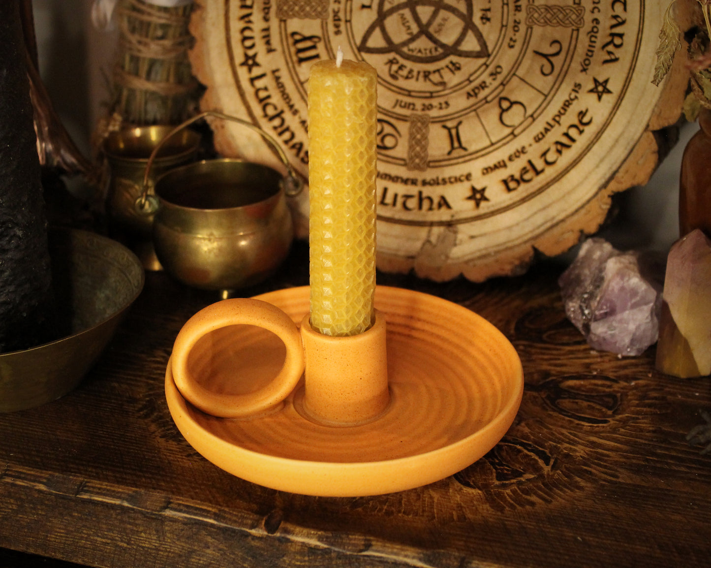 Ceramic Single Candle Holder with Handle - Terracotta Finish