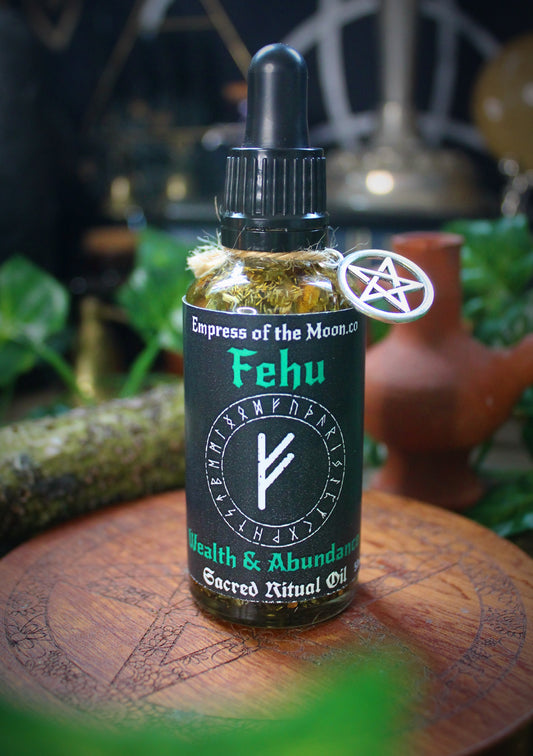 Fehu Wealth Ritual Oil: Money Drawing, Luck, Pagan Magick (50ml)