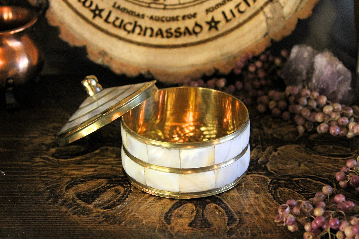 Small Brass & Mother of Pearl Jewellery Pot