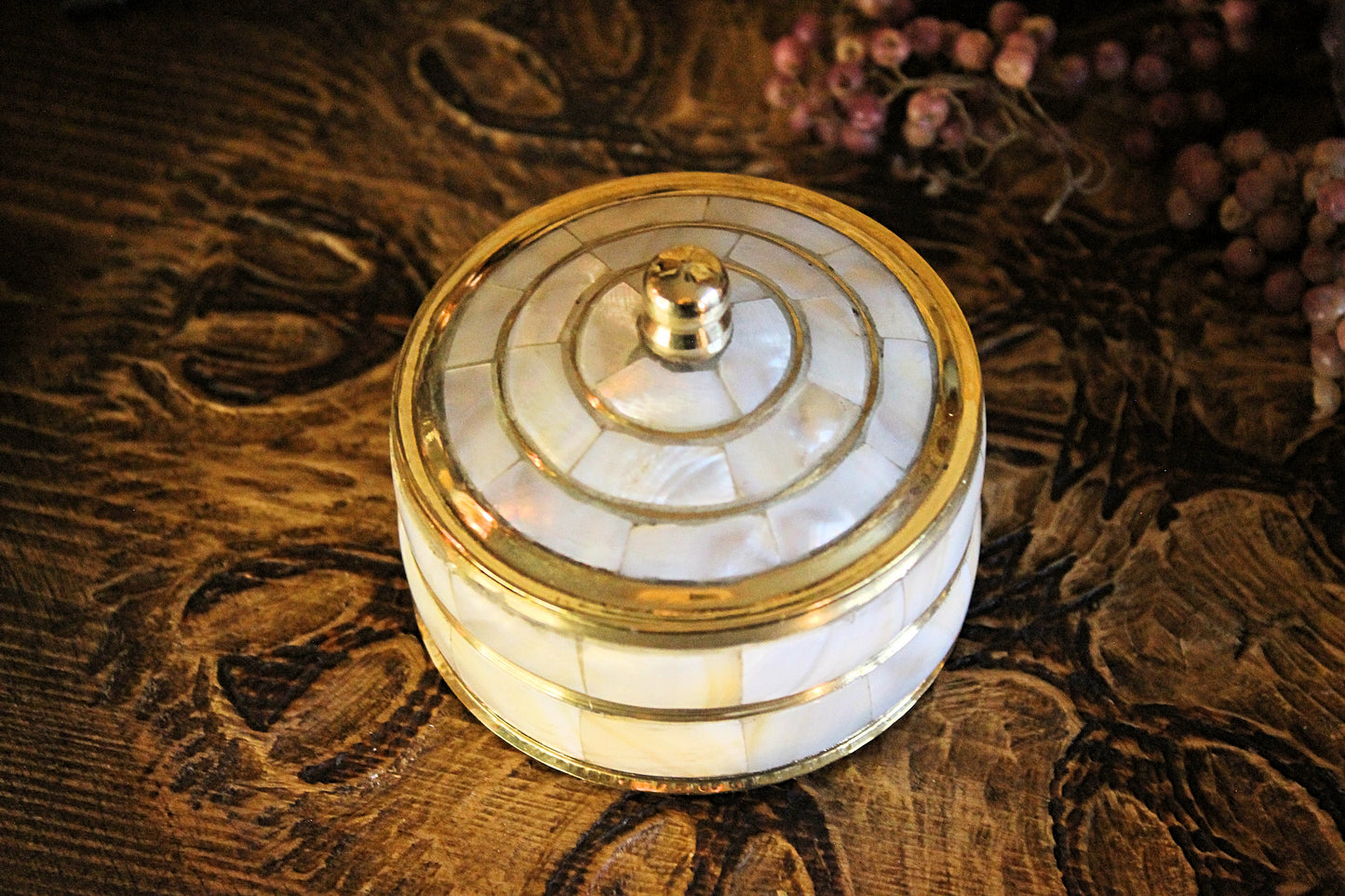 Small Brass & Mother of Pearl Jewellery Pot